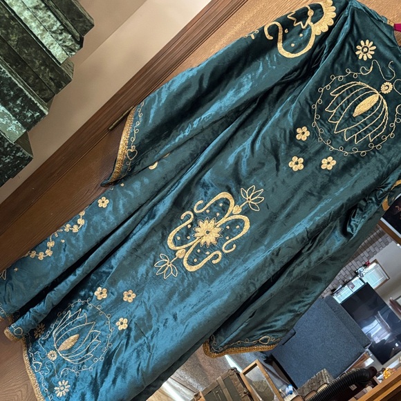 The Hippie Shake Embroidered Teal Velvet Long Coat with Gold Accents - Picture 2 of 8